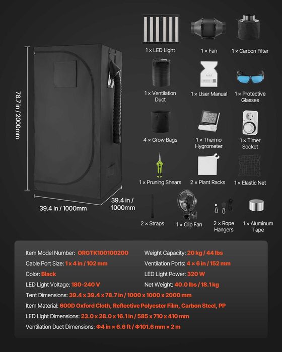 Cort de cultura interior 100 x 100 x 200cm kit complet cu lampa LED 1344 diode, ventilator, filtru carbon si mylar 600D reflectorizant