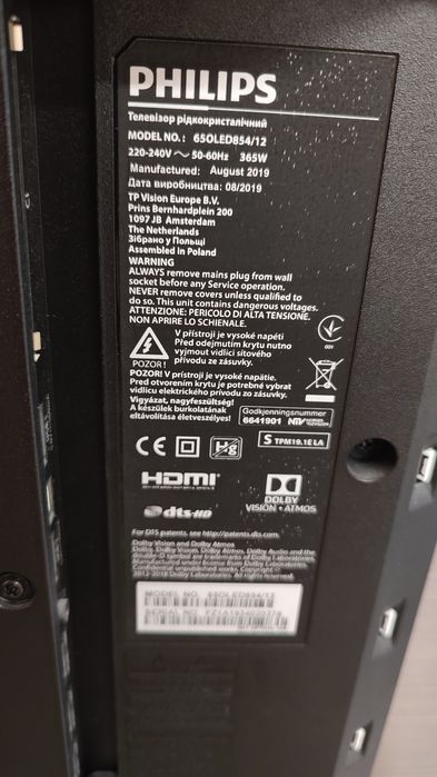 OLED Philips tv 4k ecran defect 164cm 65oled854/12