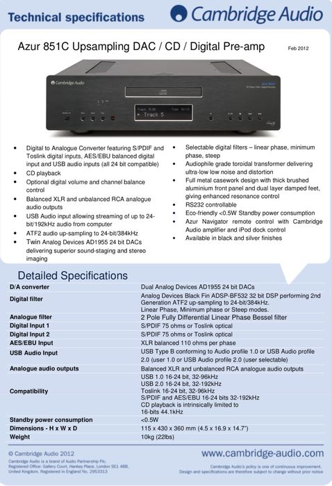 Cambridge Audio AZUR 851C Upsampling 24-bit/384kHz DAC / CD / Digital Pre-Amplificator High-End Preț de MAGAZIN 2000$ 10Kg