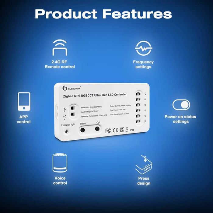 Dimmer smart Zigbee GLEDOPTO Mini pentru bandă LED monocolor