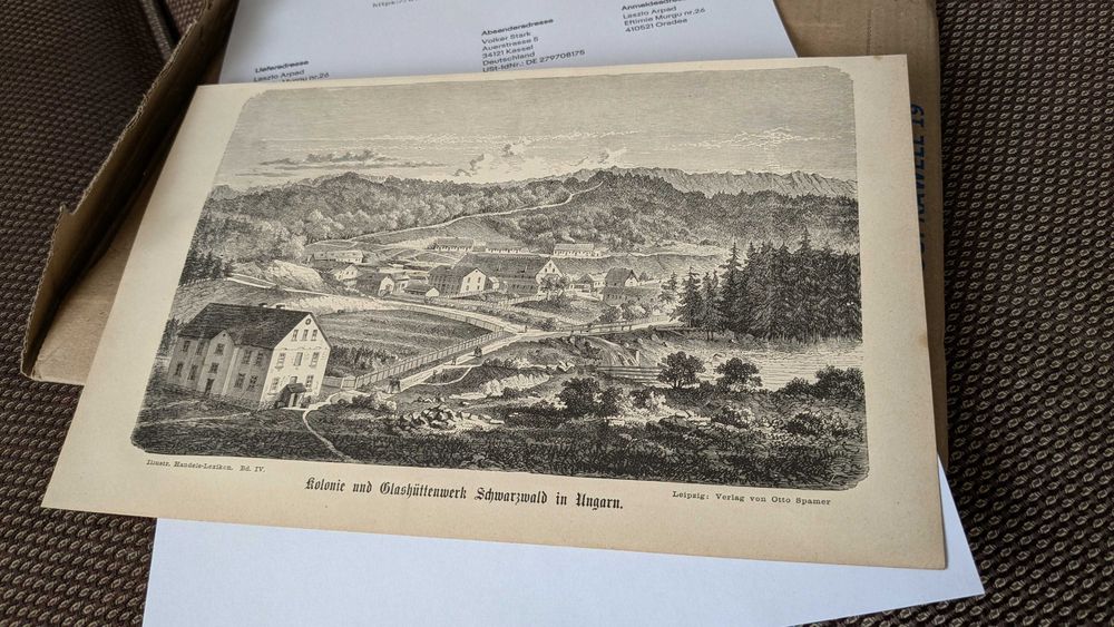 Gravură lemn din 1878 - Colonie de sticlărie Pădurea Neagră, Bihor