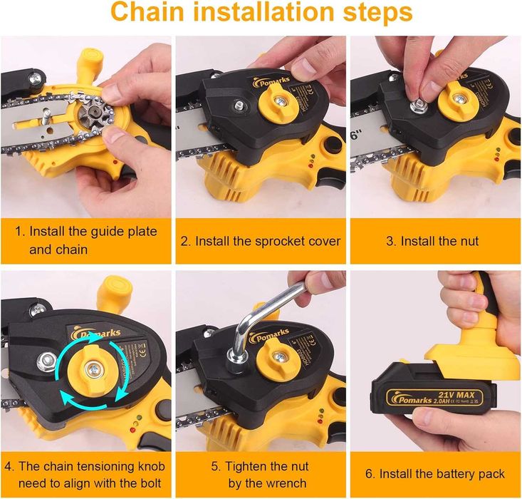 Мини Верижен трион Pomarks с батерия 6 инча трион за клони инструмент