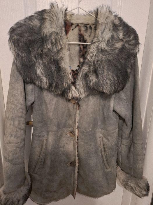 Cojoc Iarna, gri, blana naturala si piele intoarsa
