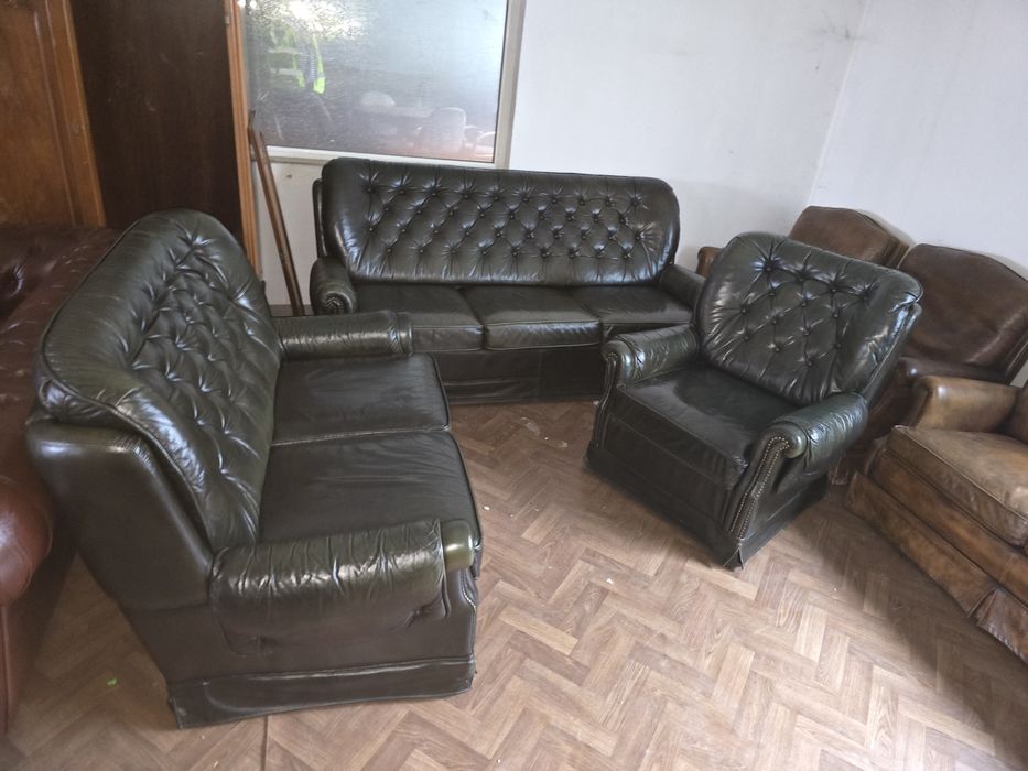 Set 3+2+1 Chesterfield Queen Anne piele naturală