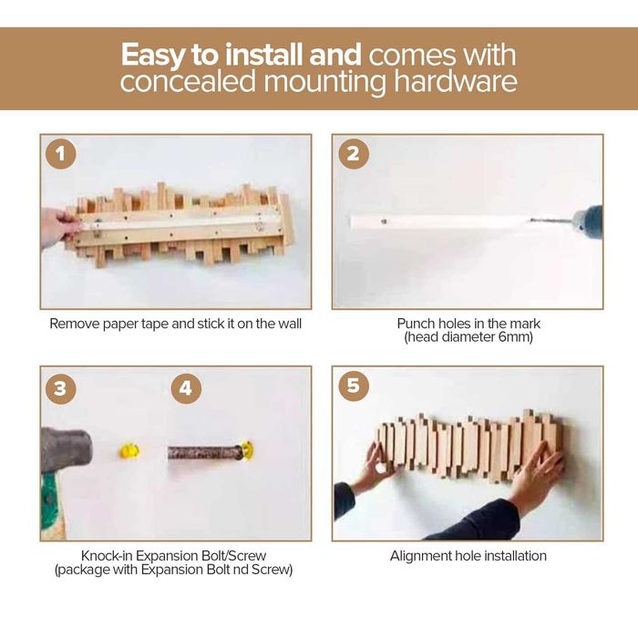 Cuier de perete, Lemn 100% natural, Rezistent, Elegant, Include elemente de fixare