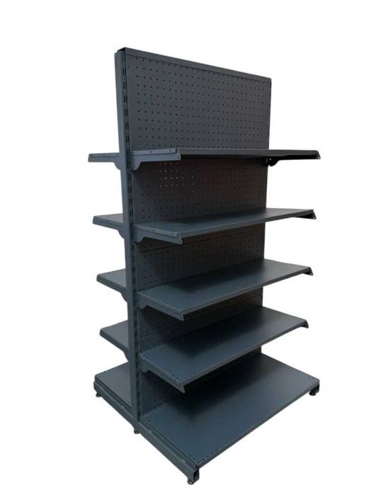 Двустранен островен стелаж за магазин с перфо гръб в тъмно сив мат