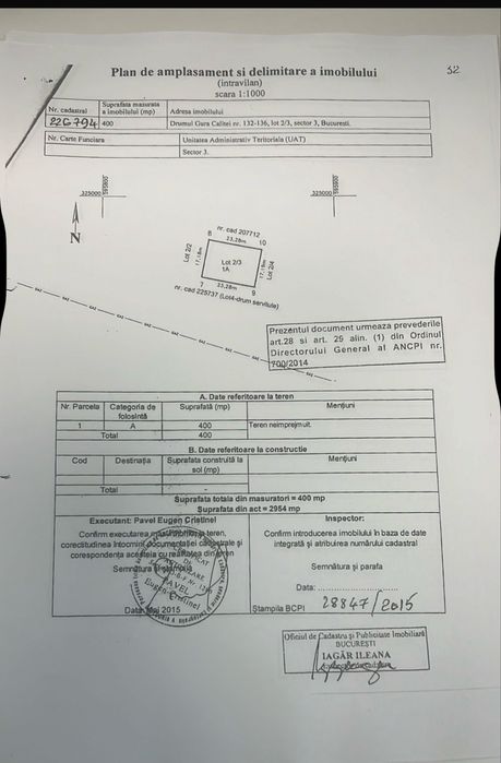 Teren construibil 400 mp + 100 mp drum de servitute Gura Calitei– Sector 3, București