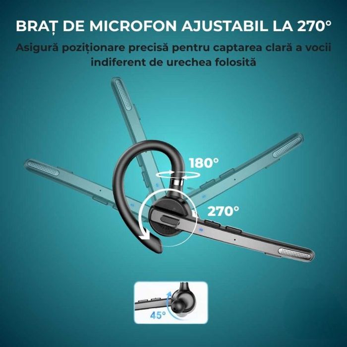 Casca Bluetooth CerCip G9, Autonomie baterie 15 ore, Carcasa de incarcare, Anulare zgomot, Sunet HD