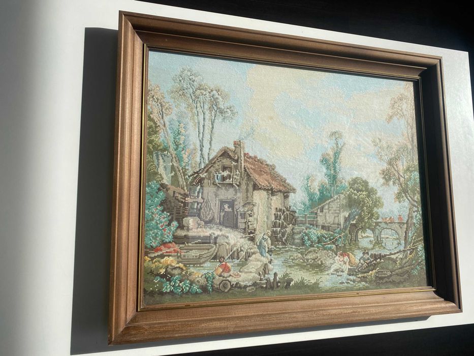 Ръчно ушит гоблен ,,Воденицата на Буше", рамкиран в луксозна рамка (81.5х65.5см)