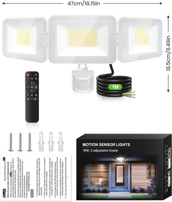Мощен LED прожектор MEIHUA 100W, 9600LM, 3 глави, сензор и дистанционно