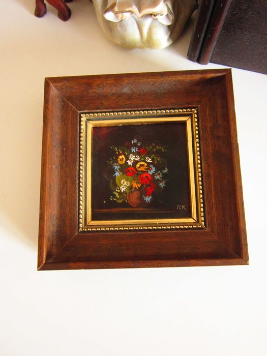 cadou rar Still Life Flowers tablou mic ulei, semnat 11x11 cm