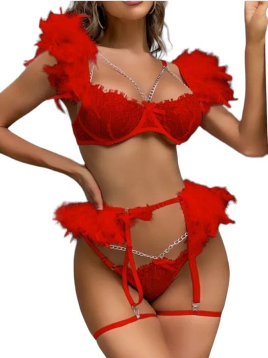 Луксозно секси дамско бельо с пухчета, Червен/Бял/Черен цвят, 3 части