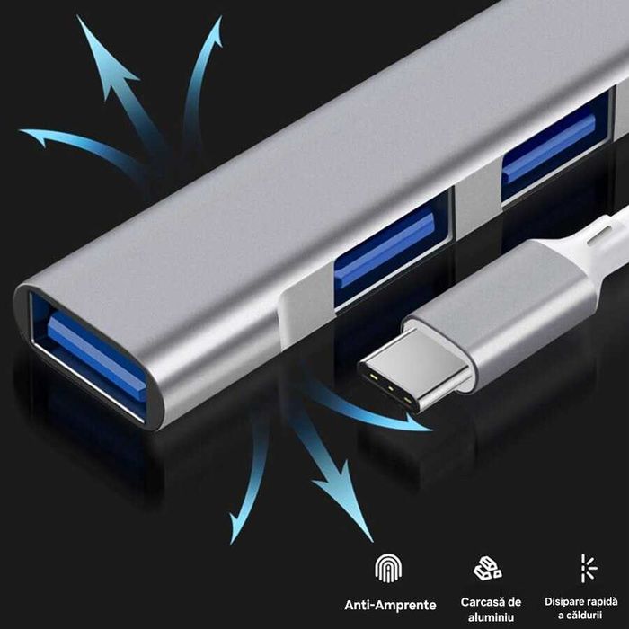 Adaptor/splitter/hub USB C cu 4+1 porturi. Aluminiu. Transfer date.