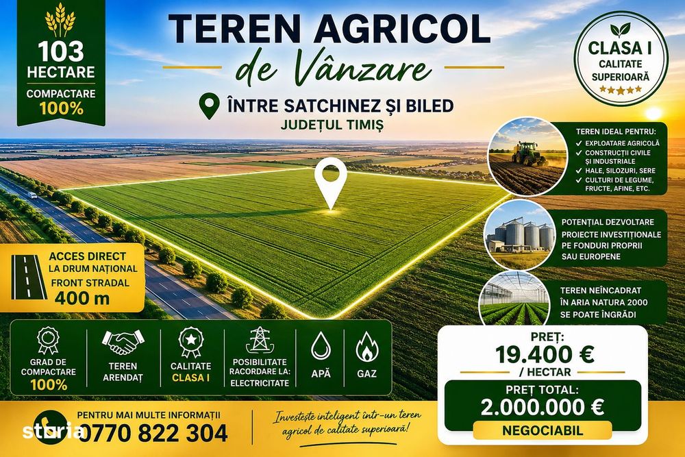 Vand Teren Agricol 103Hectare! Satchinez Biled Jud.Timiș Compact Cal1!