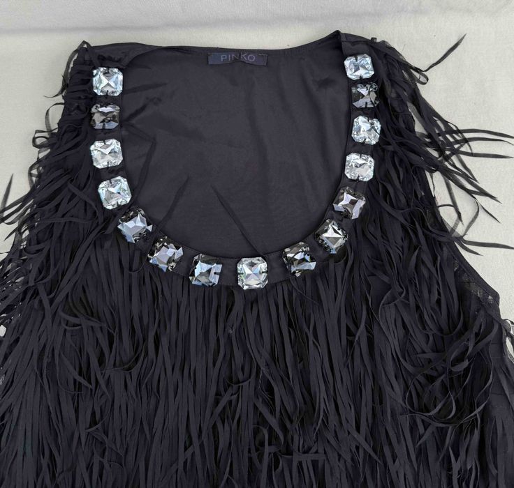 PINKO Superb Top Franjuri Cristale Glossy Negru Italia Original