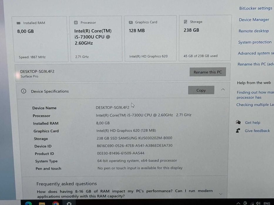 Microsoft Surface Pro 5 i5-7300U/8RAM/256SSD/Intel HD 620/Touch QHD