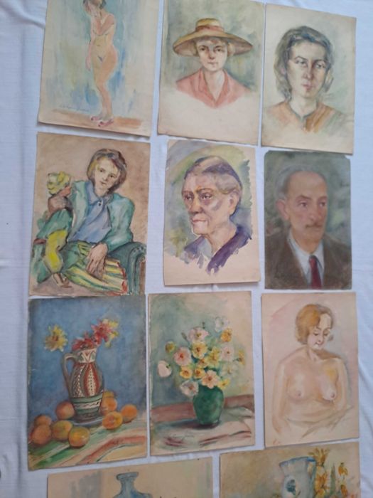 tablou vechi desen in acuarela 49/34 cm semnat