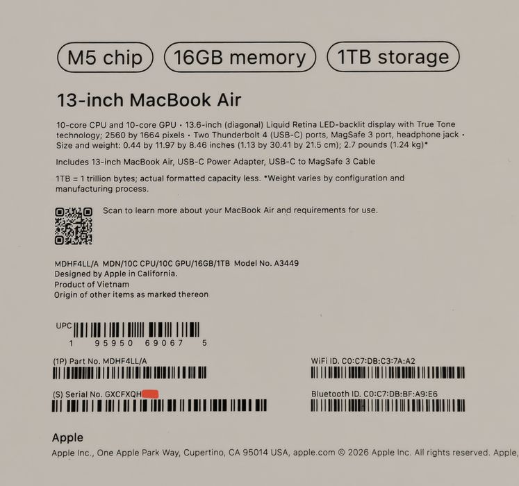 MacBook Air 13 M5 16/1TB 2 цикла