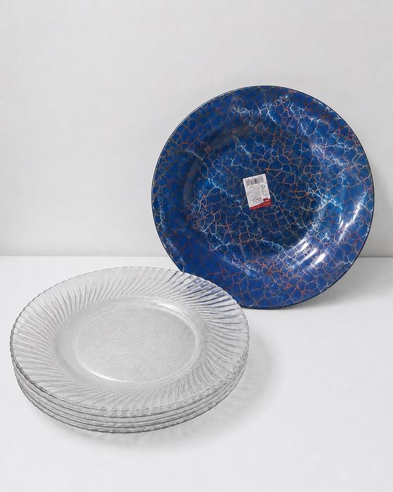 Set 11 farfurii transparente în relief + platou albastru