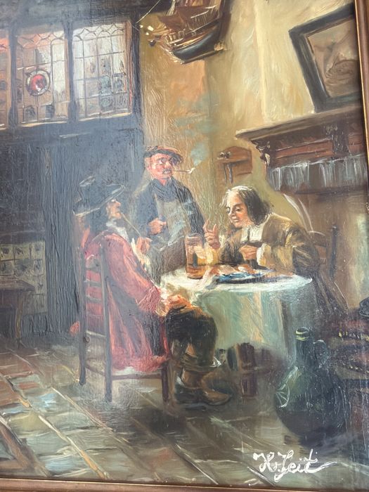 .Tablou,pictura in ulei pe lemn,oameni in carciuma,semnat