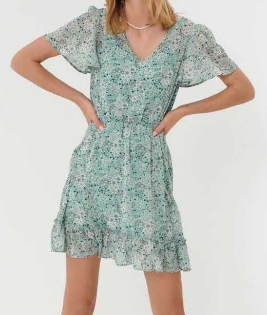 Рокля къса цвят мента, на цветя