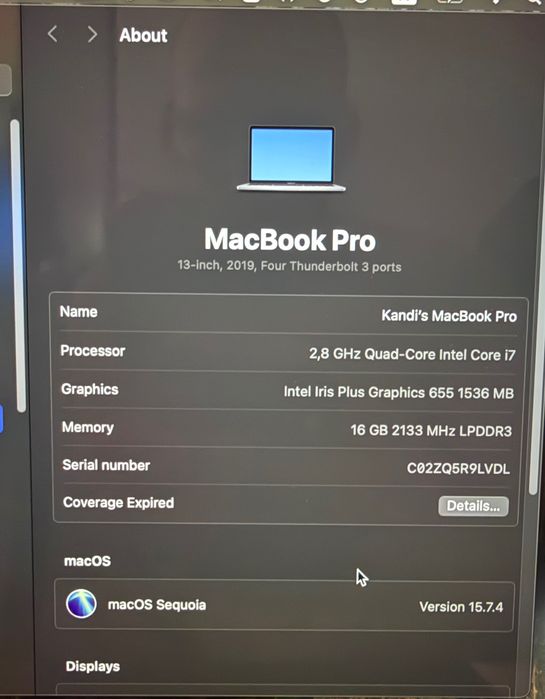 MacBook Pro 13”, i7 / 16GB RAM / 256 GB SSD
