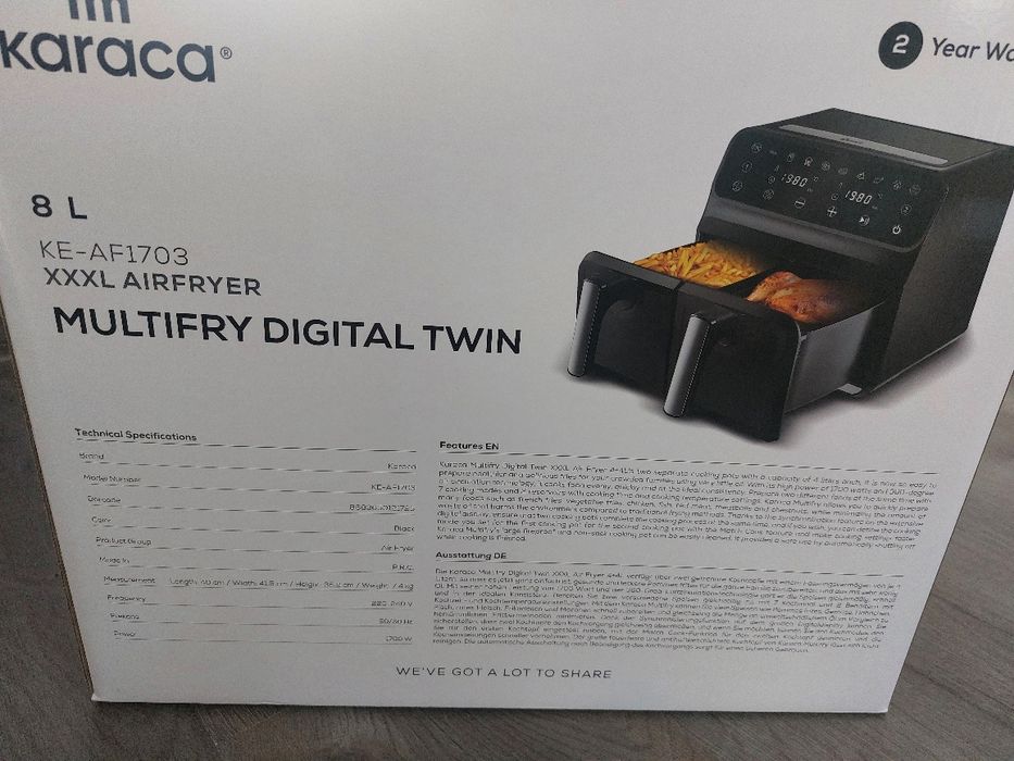 Friteuza cu aer cald Karaca, NOUA, Multifry XXXL, Cos Dublu, 4+4 lit