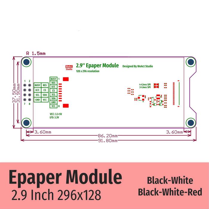 Ecran epaper eink 2.9 arduino raspberry esp32 Black-White-Red