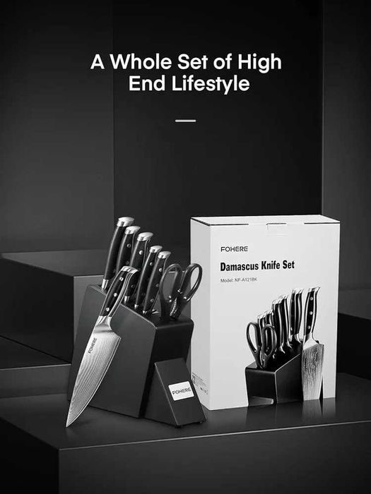 Set 7 cutite profesionale din otel de Damasc VG10 + suport