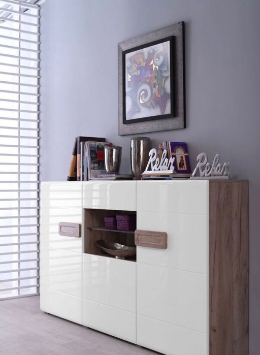 Comoda cu sertar 180 stejar gri folie lucioasa alba, 180 x 41.5 x 96.5