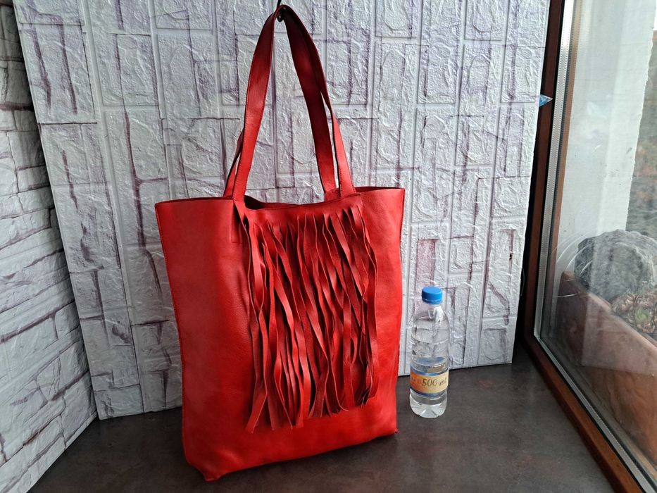 дамска кожена чанта,оранжева торба с ресни-естествена кожа