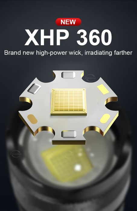 Lanternă led XHP 360, cu 2 acumulatori  26650. Încărcare USB C.  IPX6.