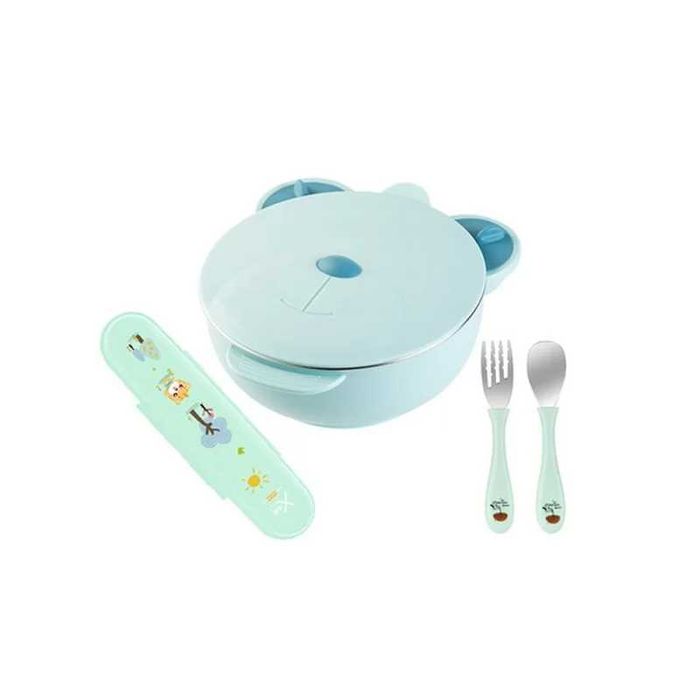 Bol termic copii, autoderapant, compartimentat, set tacamuri, albastru