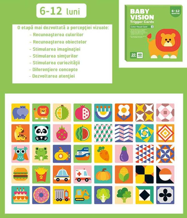80 carduri pentru stimulare vizuala si cognitiva bebelusi, 0-36 luni