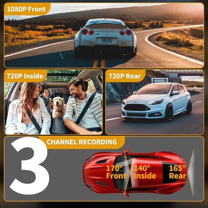 Висококачествена даш камера Yansoo Dash cam 3 канална, 2 камери