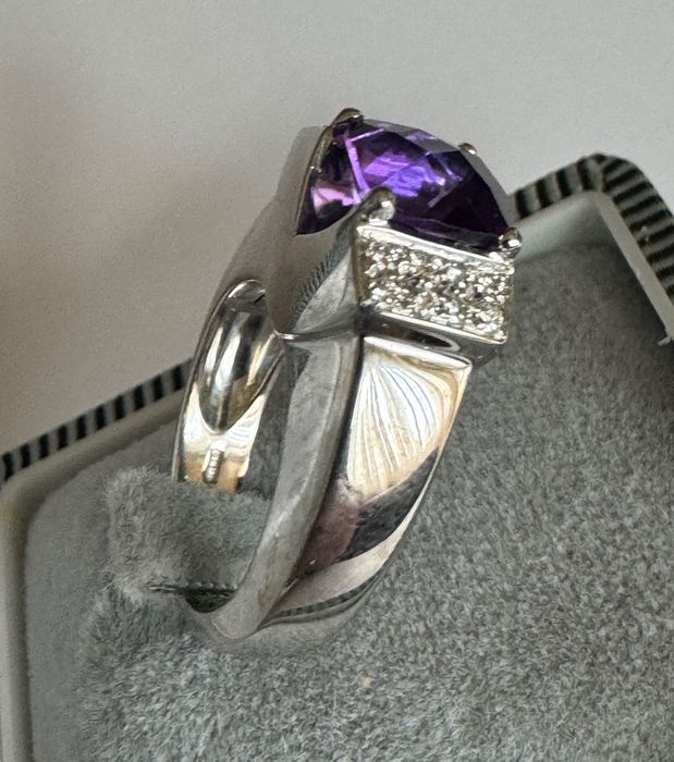 18К Италиански Златен Пръстен 12г; 4К Аметист и 0,32К Диаманти;
