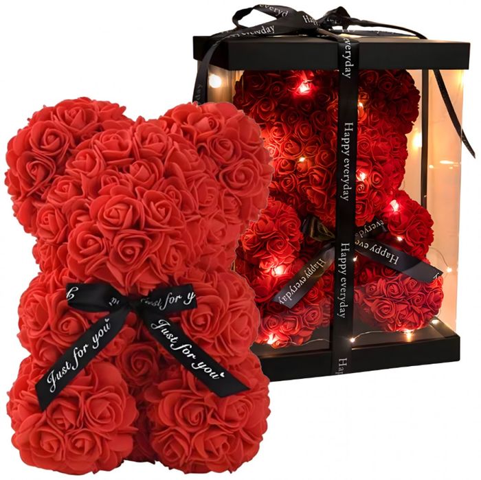 Плюшено мече с LED рози - подарък за мама, момиче, баба - комплект веч