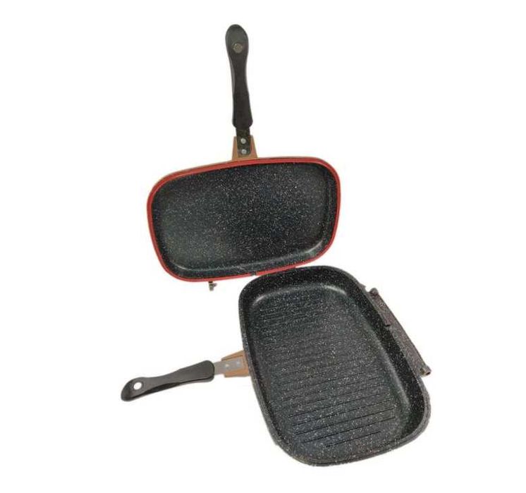 Tigaie grill dubla HomeVero HV-DP36M, 36 cm, Acoperire Marmura, Bronz