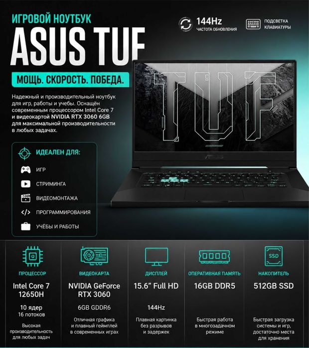 Игровой ноутбук ASUS TUF Gaming F15 /Core i7-12650H/DDR5-16GB/RTX3060
