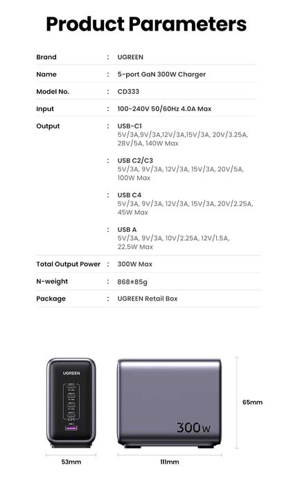 UGREEN Nexode 300W GaN Infinity 4C+U EU For Laptop/Macbook/Ultrabook