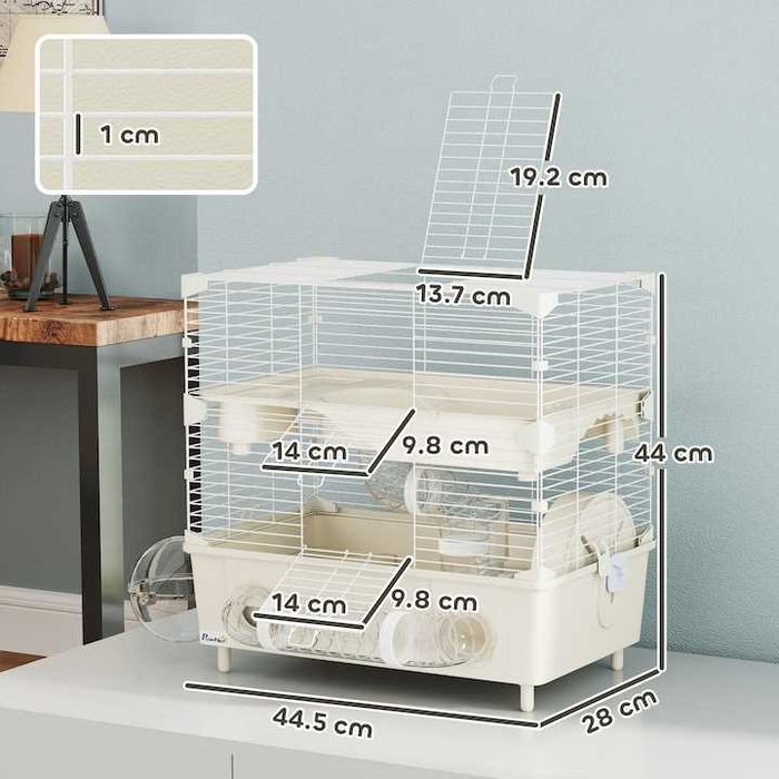 Cusca PawHut pentru Hamsteri cu 2 Nivele si 3 Usi, cu Roata si Tuburi, din Otel, PS si PP, 44.5x28x44 cm