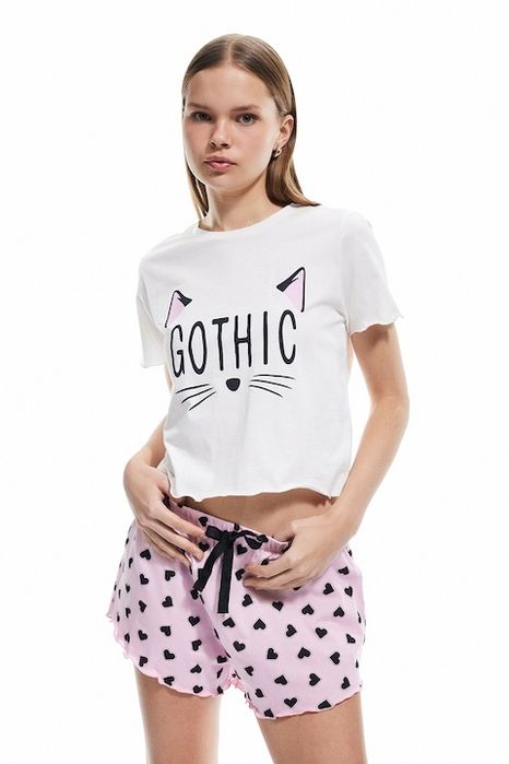 Pijama cu model si pantaloni scurti, Alb, Roz deschis, XL KOTON