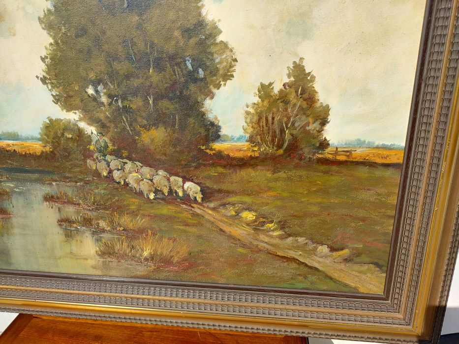 Rablou pictura in ulei pe panza peisaj cu oi semnat Klein Hans