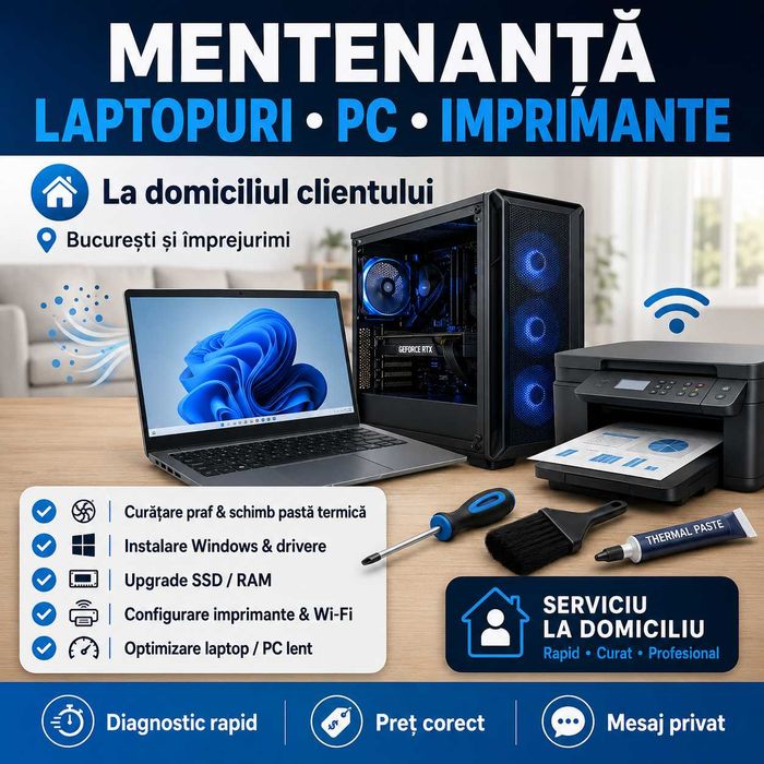 Curățare laptop, Windows, SSD/RAM la domiciliu București