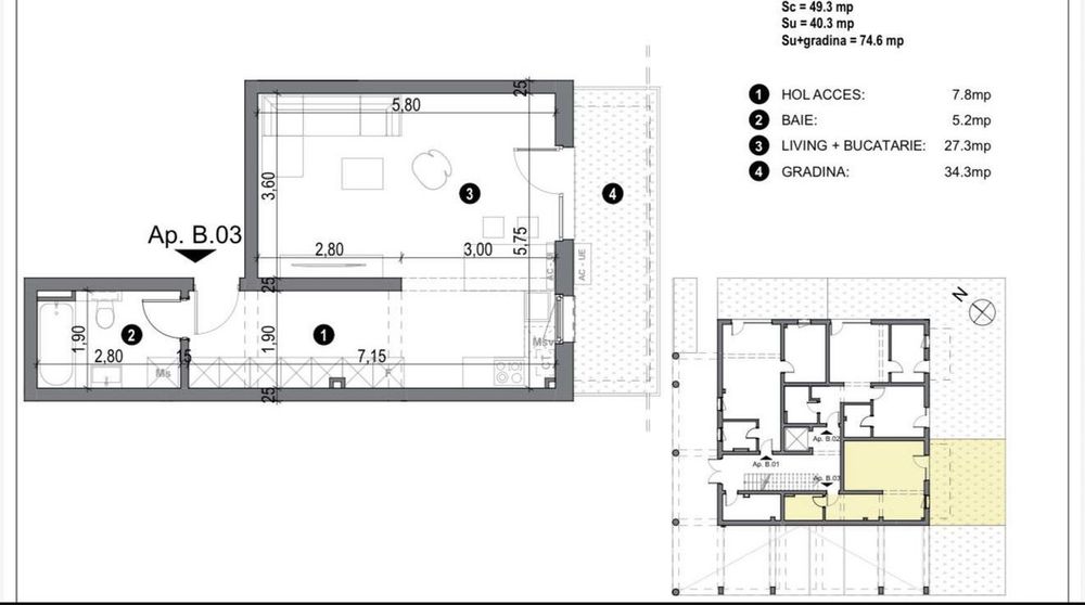 Apartament 1 camera, 40,3 mp utili cu GRADINA - COMISION 0%