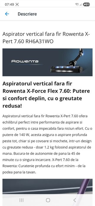 Aspirator Rowenta fără fir