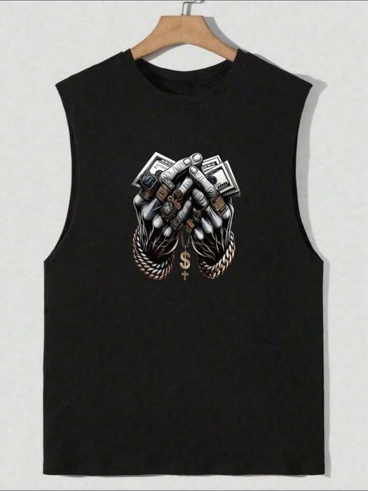 Заглавие: Модерен черен потник (Muscle Shirt) с графичен принт – Чисто нов!