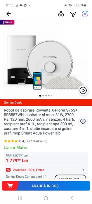 Robot de aspirare Rowenta X-Plorer S75S+ RR8587WH, aspirator si mop