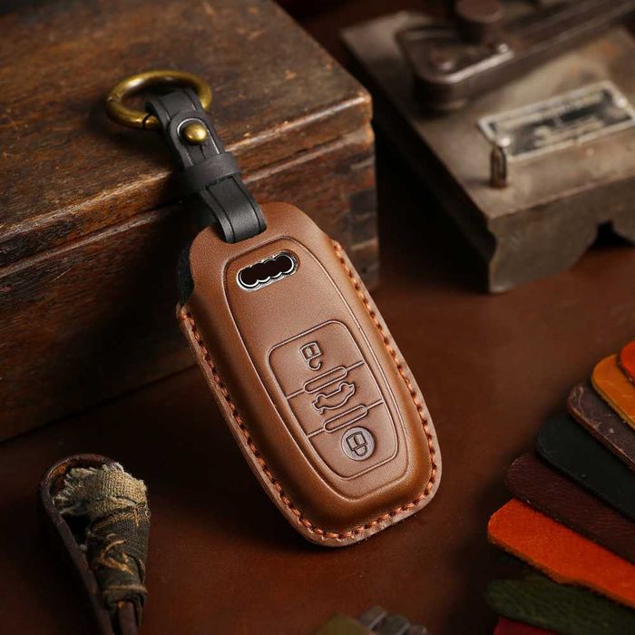 Husa cheie 3 butoane Audi A4 B8 A6 C7, piele naturala, albastru/maro