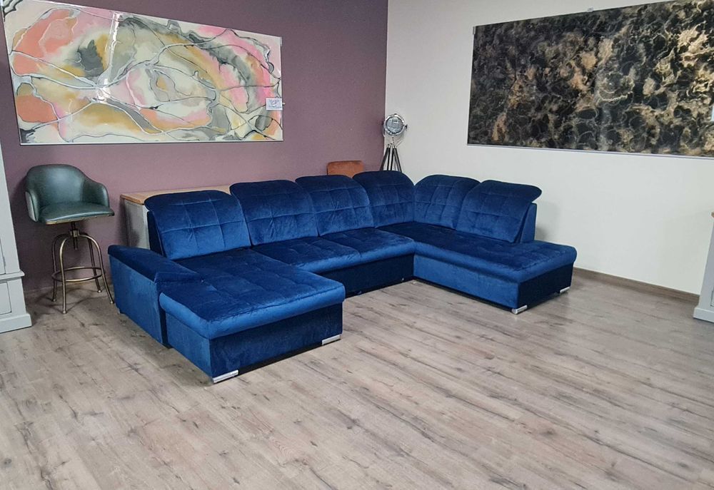 Син П образен ъглов диван от плат Nigrum с функция сън